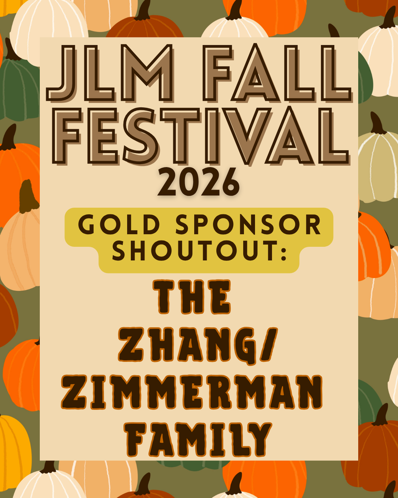 A promotional graphic for the JLM Fall Festival 2026 set against an olive-green border pattern of colorful autumn pumpkins. A central beige card displays bold brown text reading "JLM FALL FESTIVAL 2026" above a yellow banner reading "GOLD SPONSOR SHOUTOUT:". Below the banner, bold brown text reads "THE ZHANG/ ZIMMERMAN FAMILY".