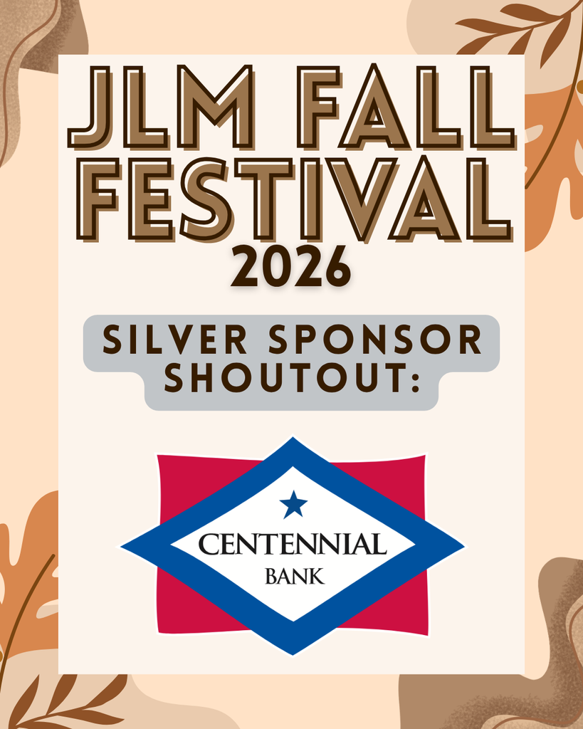 A promotional graphic for the JLM Fall Festival 2026 set against a background patterned with warm autumn leaves and abstract organic shapes. A central white card displays bold brown text reading "JLM FALL FESTIVAL 2026" above a silver-gray banner reading "SILVER SPONSOR SHOUTOUT:". Below the banner is the logo for Centennial Bank, featuring a red rectangular shape layered with a blue diamond, a single star, and the words "CENTENNIAL BANK".