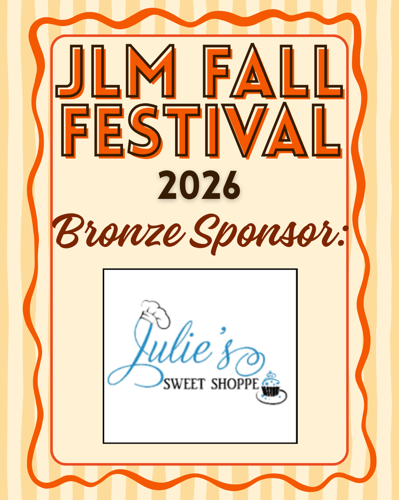 A promotional graphic for the JLM Fall Festival 2026 set against a background of vertical yellow and cream stripes framed by a wavy orange border. Inside a central light-cream box, orange outline lettering reads "JLM FALL FESTIVAL 2026" above dark brown cursive text that reads "Bronze Sponsor:". Below, a framed logo displays the text "Julie's SWEET SHOPPE" in blue cursive and block lettering, featuring a chef's hat topping the "J" and a cupcake illustration next to the text.