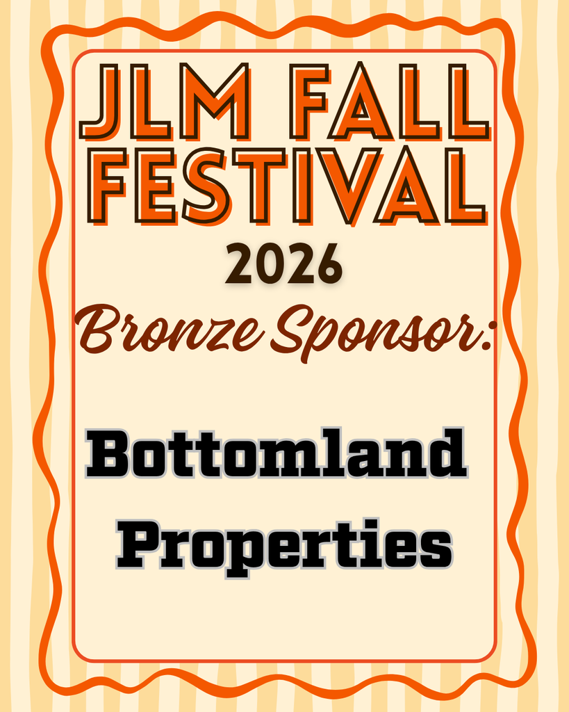 A promotional graphic for the JLM Fall Festival 2026 set against a background of vertical yellow and cream stripes framed by a wavy orange border. Inside a central light-cream box, orange outline lettering reads "JLM FALL FESTIVAL 2026" above dark brown cursive text reading "Bronze Sponsor:". Below, bold black slab-serif text reads "Bottomland Properties" with a subtle gray outline.