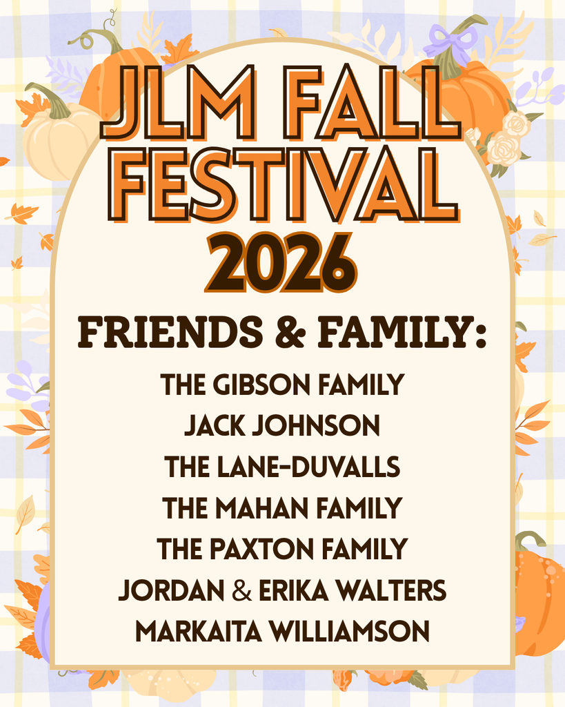 A promotional graphic for the JLM Fall Festival 2026 set against a pastel plaid background decorated with autumn leaves and pumpkins. An arched beige center card displays bold brown lettering reading "JLM FALL FESTIVAL 2026" above the heading "FRIENDS & FAMILY:". Listed below in dark brown text are the names: "THE GIBSON FAMILY", "JACK JOHNSON", "THE LANE-DUVALLS", "THE MAHAN FAMILY", "THE PAXTON FAMILY", "JORDAN & ERIKA WALTERS", and "MARKAITA WILLIAMSON"