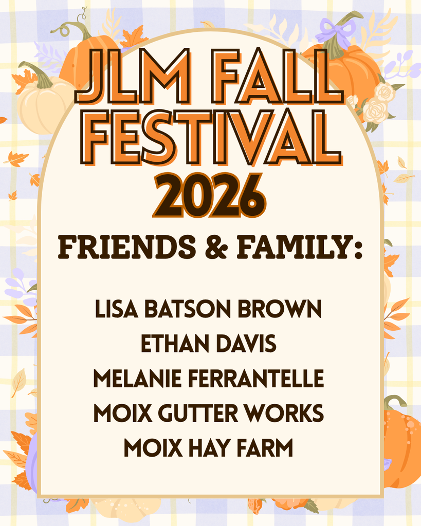 A promotional graphic for the JLM Fall Festival 2026 set against a pastel plaid border decorated with autumn leaves and pumpkins. An arched beige center card displays bold brown text reading "JLM FALL FESTIVAL 2026" above the heading "FRIENDS & FAMILY:". Listed below in dark brown lettering are the names: "LISA BATSON BROWN", "ETHAN DAVIS", "MELANIE FERRANTELLE", "MOIX GUTTER WORKS", and "MOIX HAY FARM".