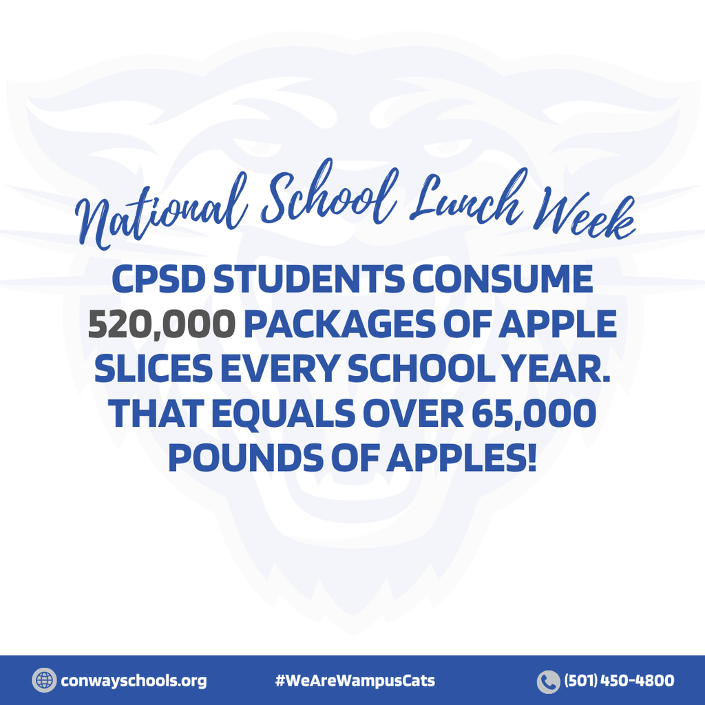 🍎 National School Lunch Week: Fact #2!  Here is a fun stat for your Tuesday: CPSD students consume over 520,000 packages of apple slices every school year! That equals more than 65,000 pounds of fresh apples keeping our kids healthy and energized. Way to go, Wampus Cats! 🍏🐾  #WeAreWampusCats #TeamConway #ChampionsForKids