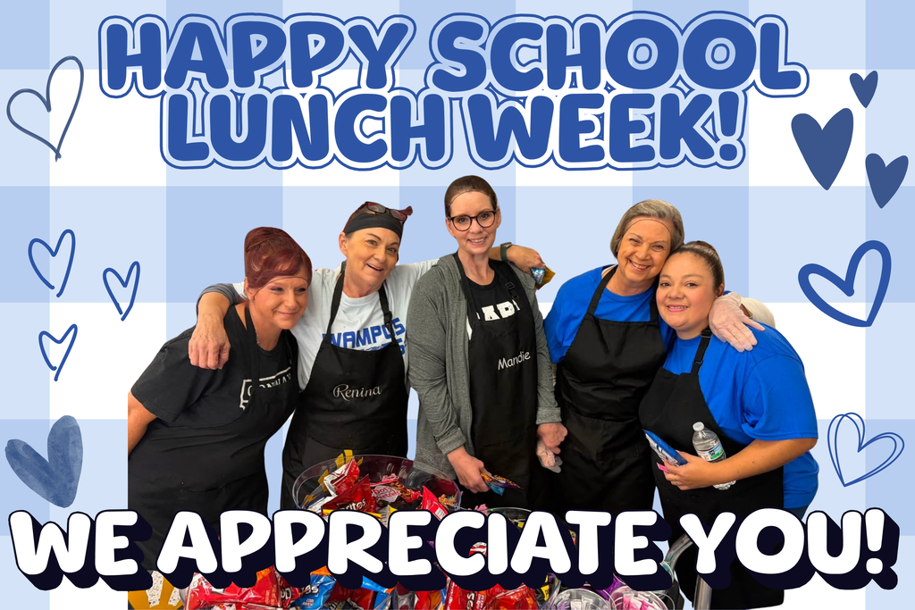 a graphic of our school cafeteria workers. 5 women in a huddle, smiling