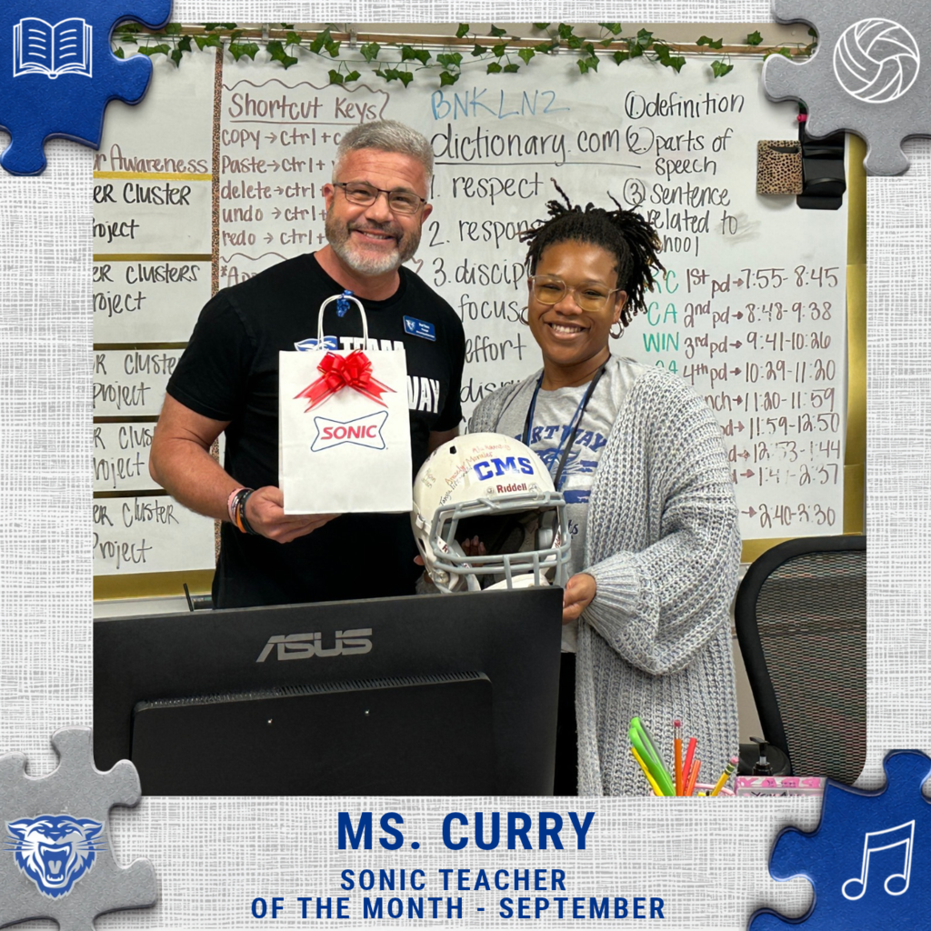 Ms. Curry and Mr. Etters posing with our teacher of the month football helmet and a sonic bag of goodies!