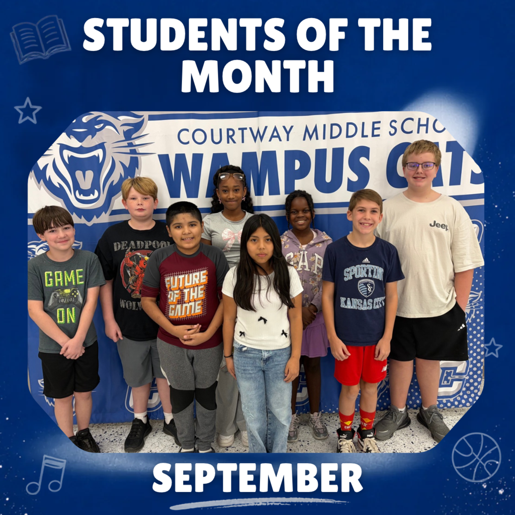 Group photo of our September Students of the Month in front of our blue wampus cat backdrop