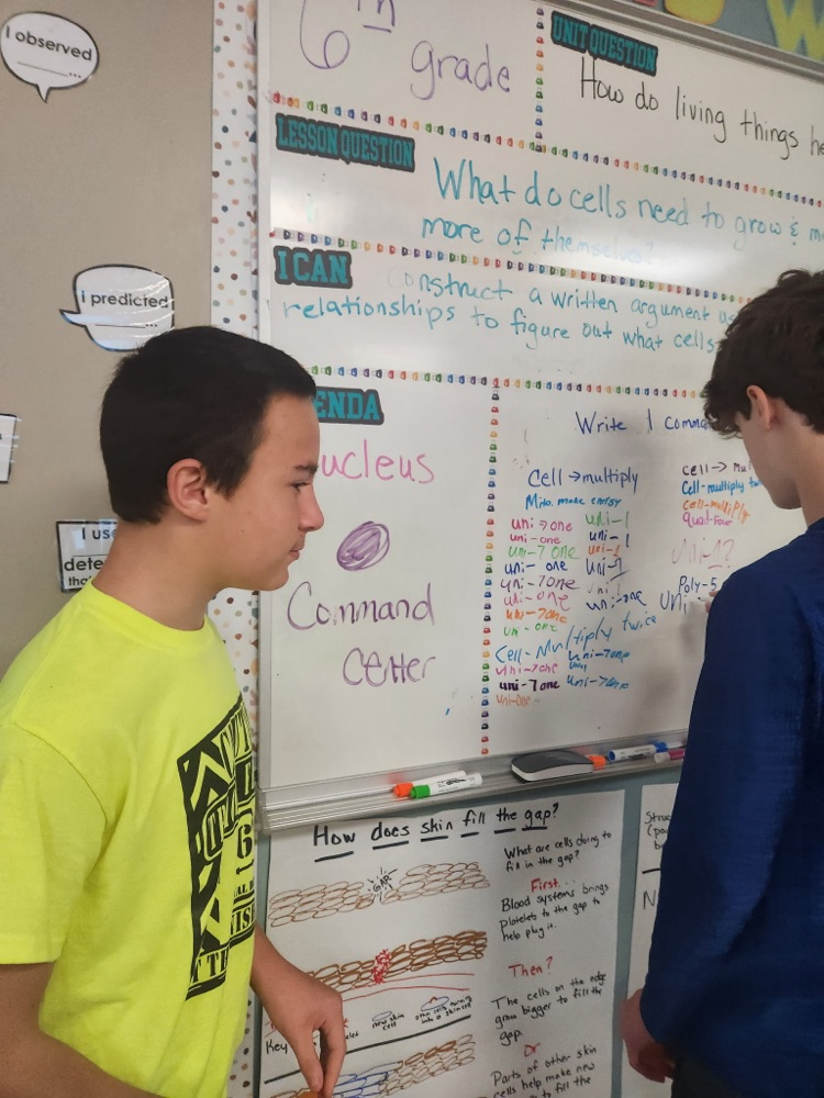 Two students writing commands for the nucleus to perform on a dry erase board