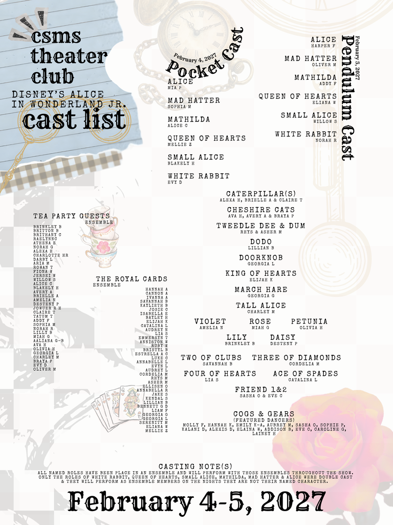 Csms Theater Club Disney's Alice in Wonderland junior cast list.