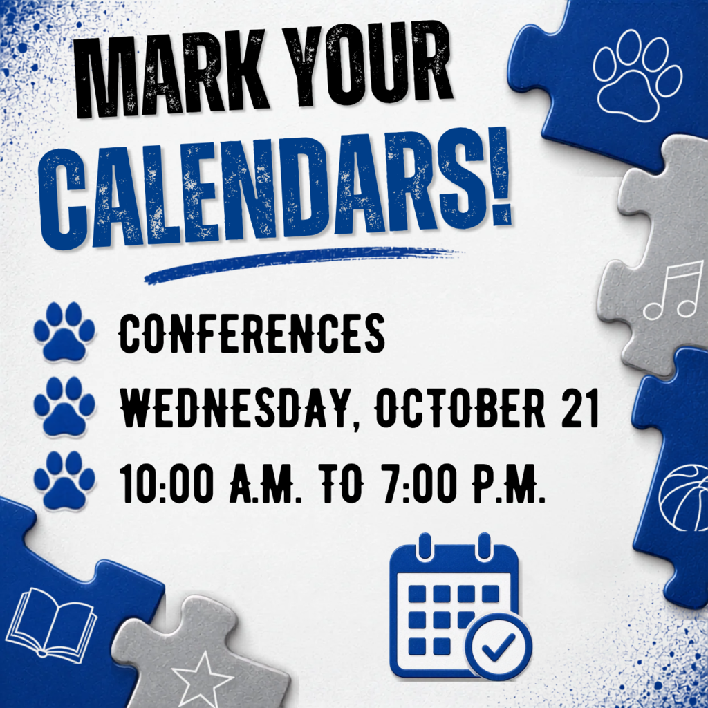 Blue, white, and gray Courtway Middle School graphic featuring puzzle pieces and paw prints with the message “Mark Your Calendars!” Parent-Teacher Conferences will be held Wednesday, October 21, from 10:00 AM to 7:00 PM.
