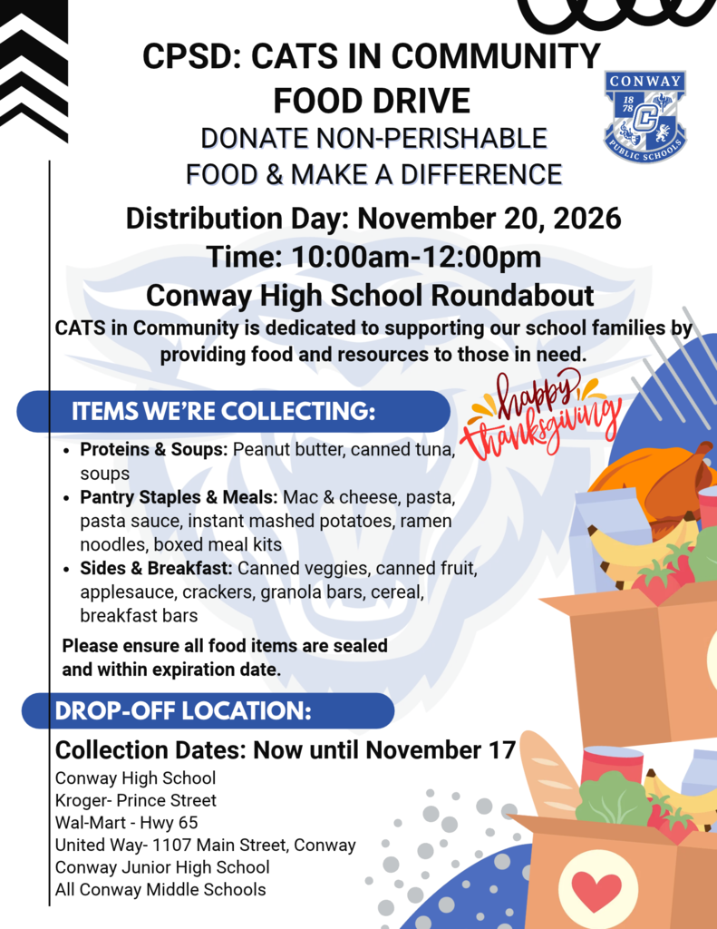 A flyer with black and white design reads "Food Drive" and lists items to donate.