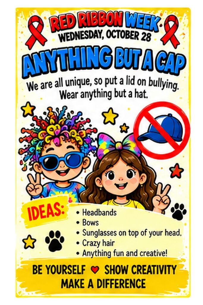 Poster with illustrations of smiling children, text in red, yellow and blue. Red Ribbon Week. Wednesday, October 28. Anything But A Cap. We are all unique, so put a lid on bullying. Wear anything but a hat. Ideas: Headbands. Bows. Sunglasses on top of your head. Crazy hair. Anything fun and creative! Be Yourself! Show Creativity! Make a Difference.