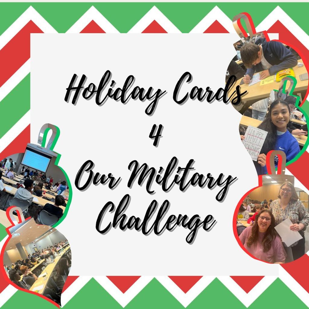 Green, white and red chevron pattern background.  White square on top.  5 christmas ornament shaped photos are placed around the edges.  Photos depect Key Club students crafting holiday cards for military personnel.  In the center it reads: Holiday Cards 4 Our Military Challenge in cursive script.