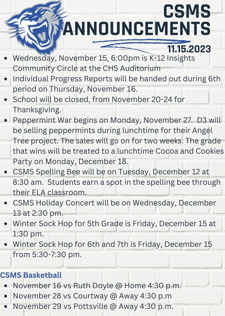 CSMS Announcements 11.15.23