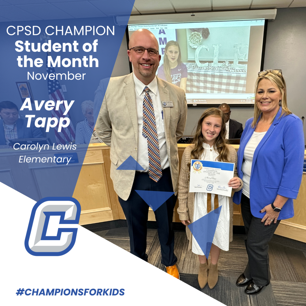 CPSD Champion student of the month november Avery Tapp from carolyn lewis elementary