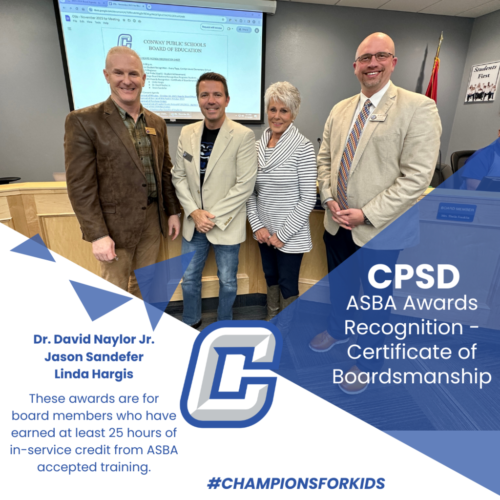 CPSD ASBA awards recognition certificate of boardsmanship. picture of board members