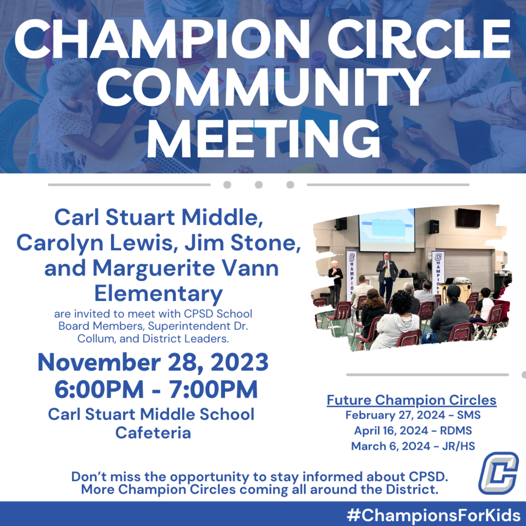 Champion circle Community meeting at Carl stuart middle school november 28 from 6pm to 7pm