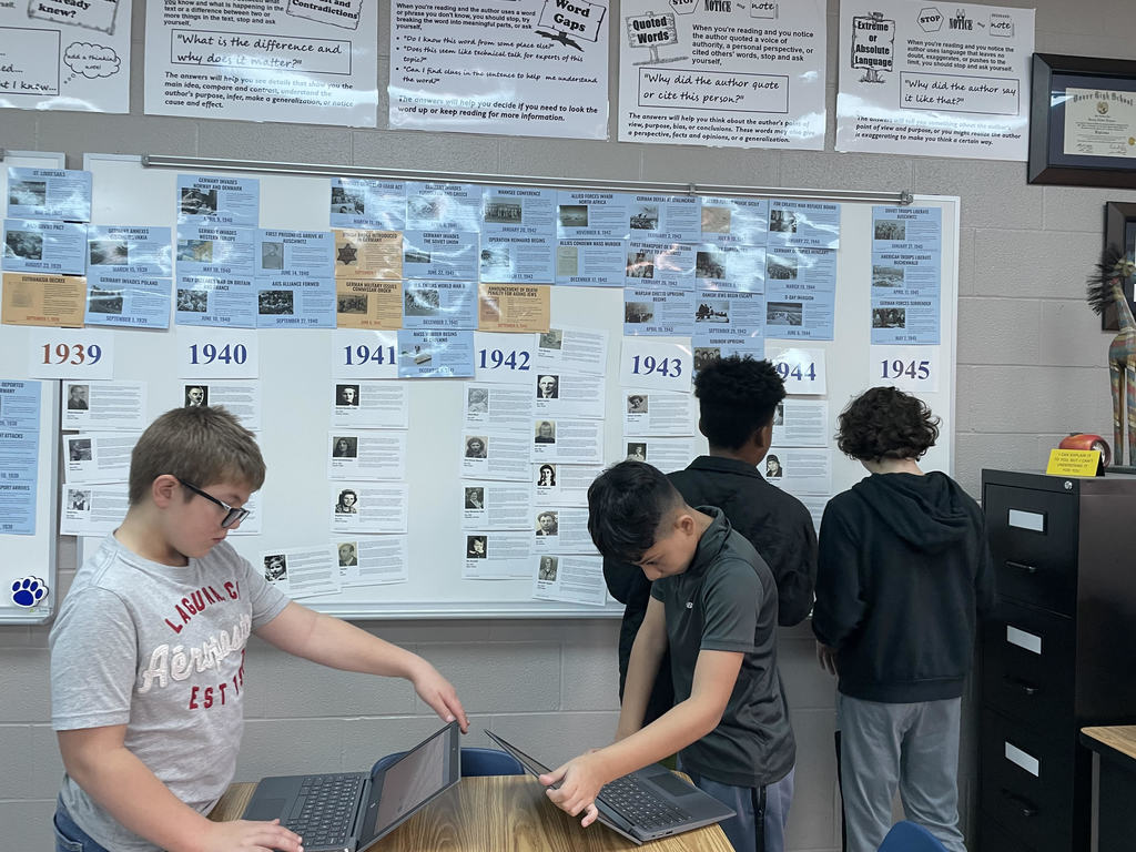 Students in Mrs. Milburn's 6th grade social studies classes have been putting together a layered timeline as they studied the Holocaust. Along with the individuals that were affected, the laws and decrees that were enacted, and the historical events that took place from 1933 to 1945.
