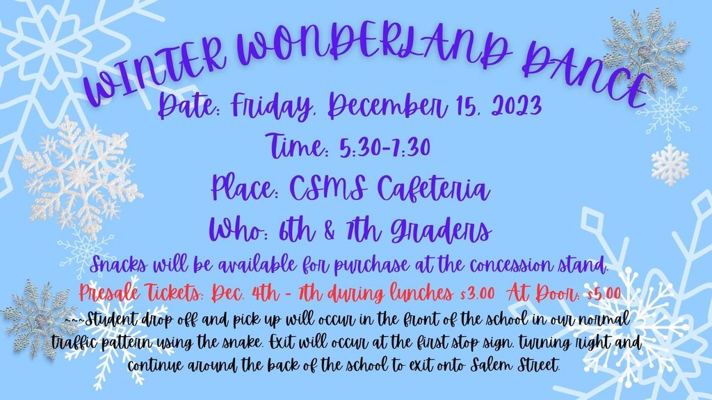 CSMS Winter Wonderland Dance December 15 at 5:30 p.m.