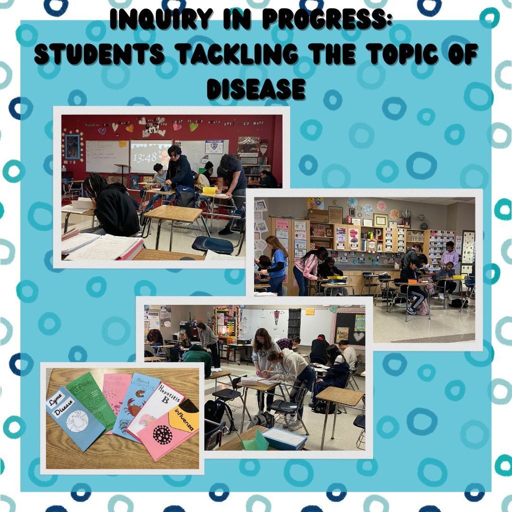 white field with open circles in various shades of blue in the background. Light blue translucent square on top. Title: Inquiry in progress: Students tackling the topic of disease. Several photos are below the titles showing students at work.