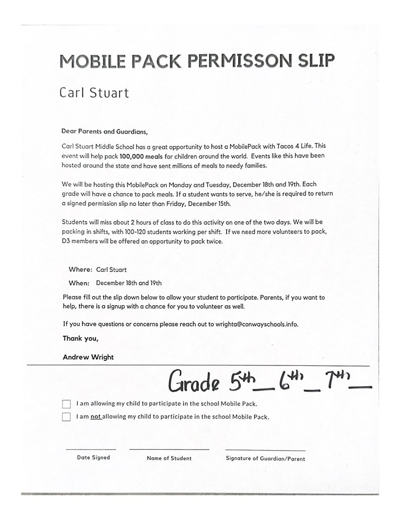 Mobile Pack Permission Slip