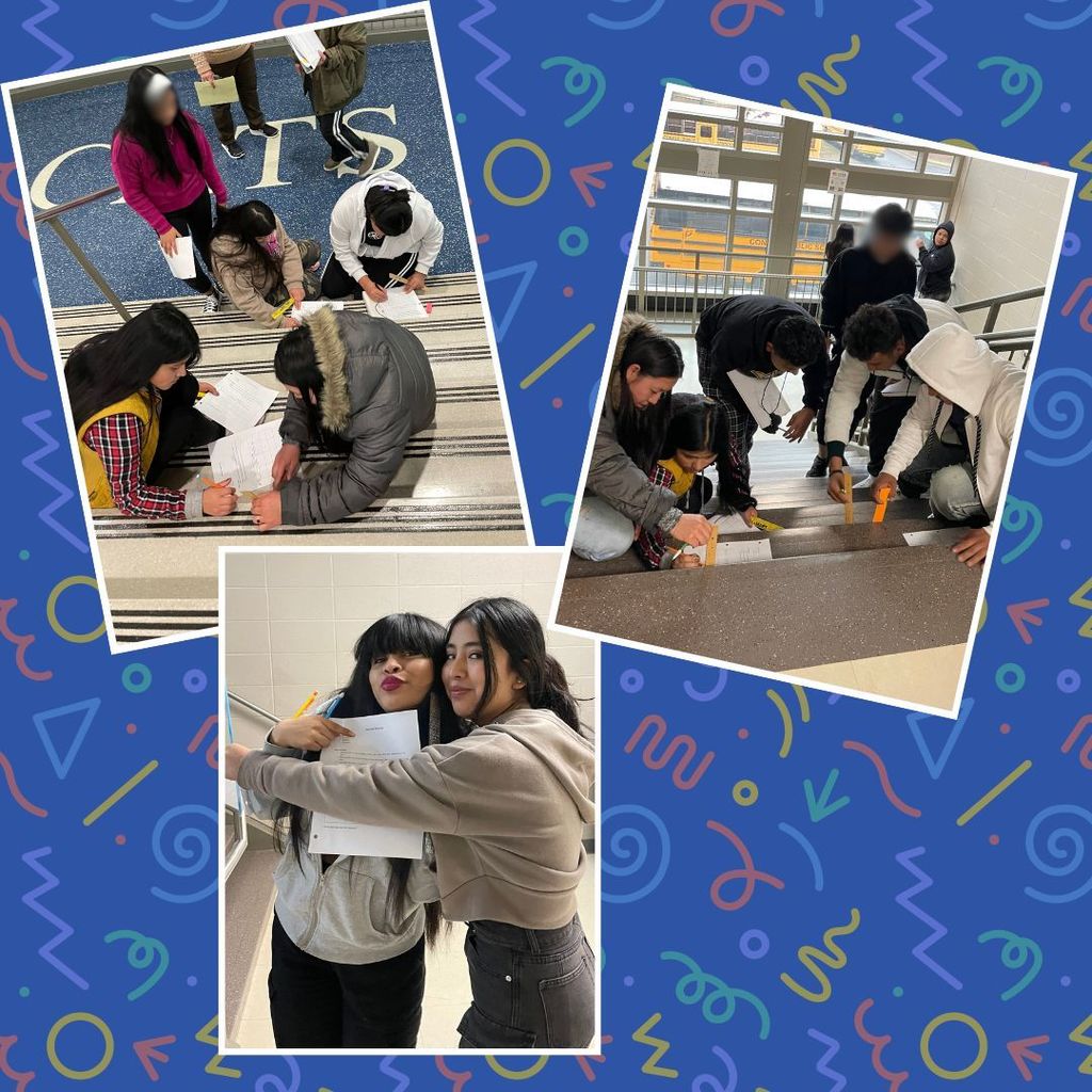 colorful background with 3 photos of students finding the slopes of various stair cases around campus.