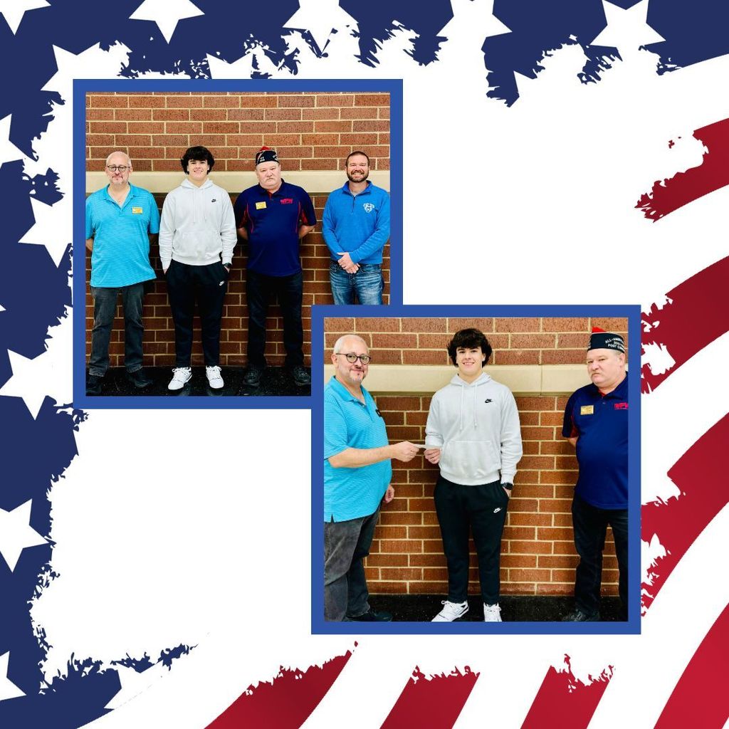 USA flag background with a roughly shaped white square on top. Two photos are mounted on the diagonal featuring the VFW members, Ryan and Mr. Martin.