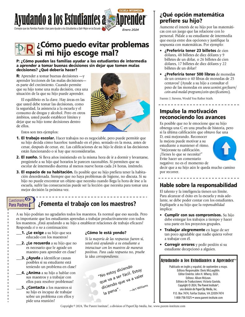CSMS Helping Students Learn January Newsletter page 2 Spanish