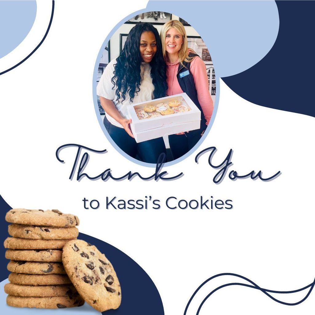 Blue and white background. Oval photo frame with Kassi's representative and district representative pictured holding a box of cookies. Thank you to Kassi's Cookies underneath the photo. Stack of cookies on the bottom left side.