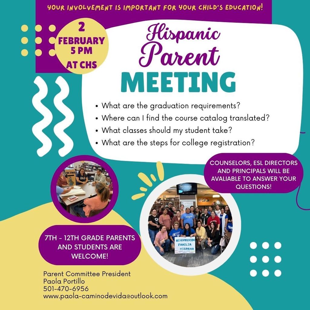 Hispanic Parent meeting. February 2 at 5:00pm at CHS. Counselors, ESL directors and princpals will be available to answer your questions. 7th - 12th grade parents and students are welcome.