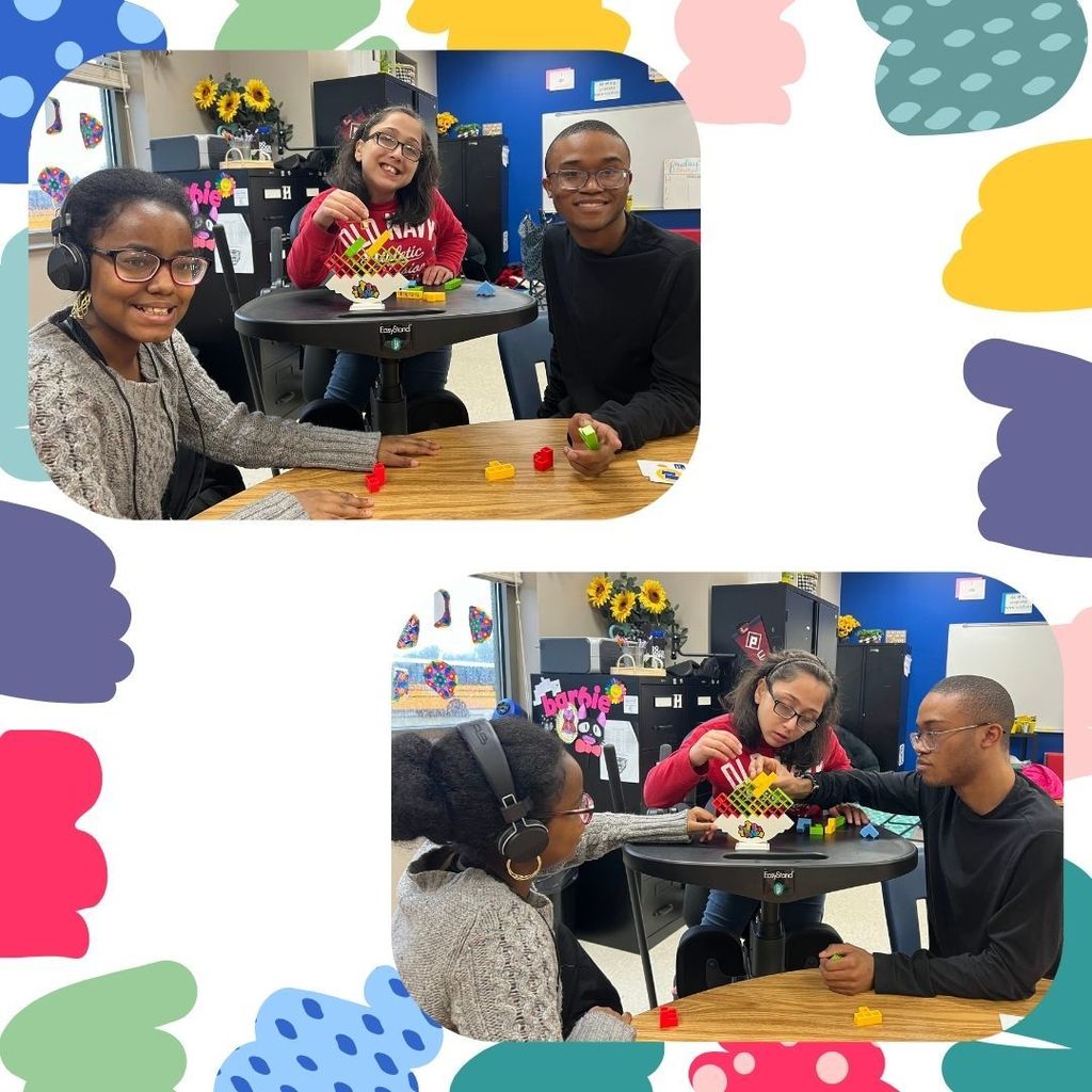 colorful background border on white. Two images of 3 students constructing a Terra Tower.