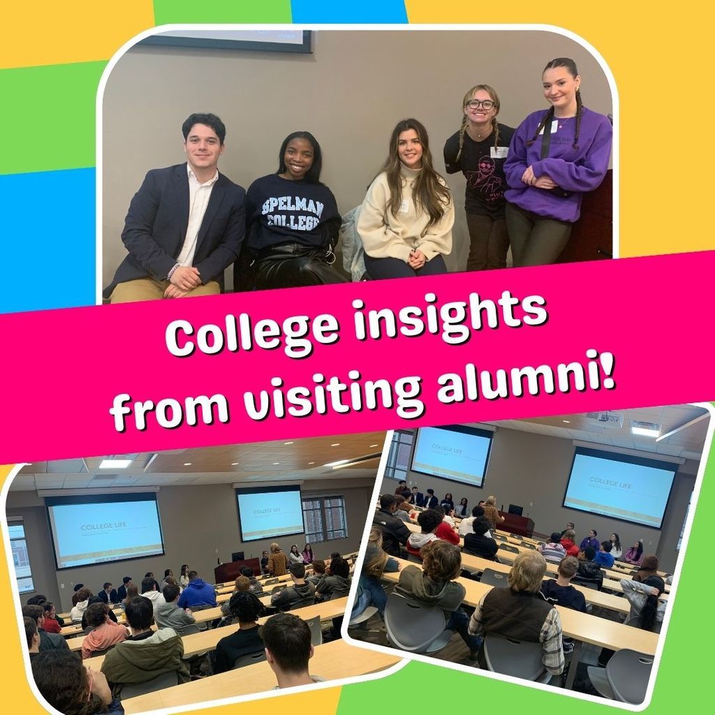 colorful background. Images of students and visiting alumni. Banner reads: College insights from visiting alumni!