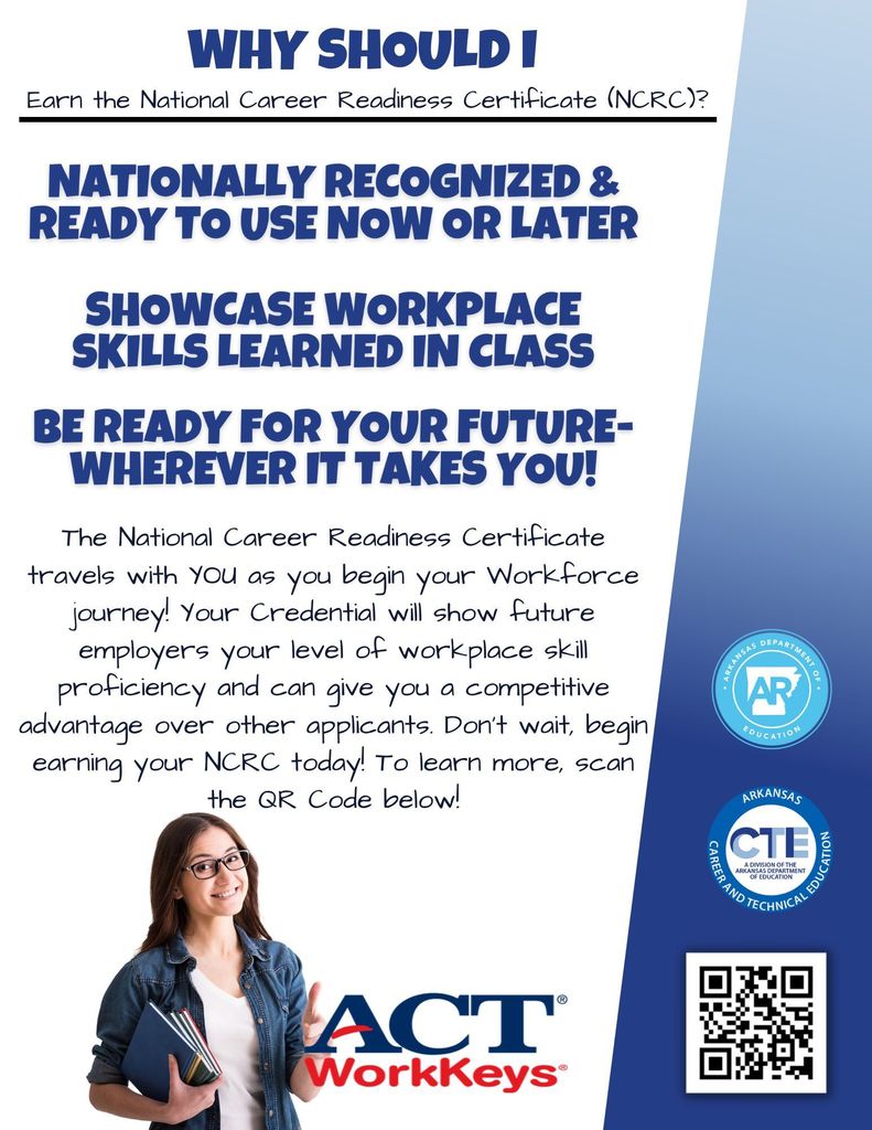 Why should I earn the national career readiness certificate? Nationall recognized and ready to use now or later. Show case workplace skills learned in class. Be aready for your future - where ever it takes you!