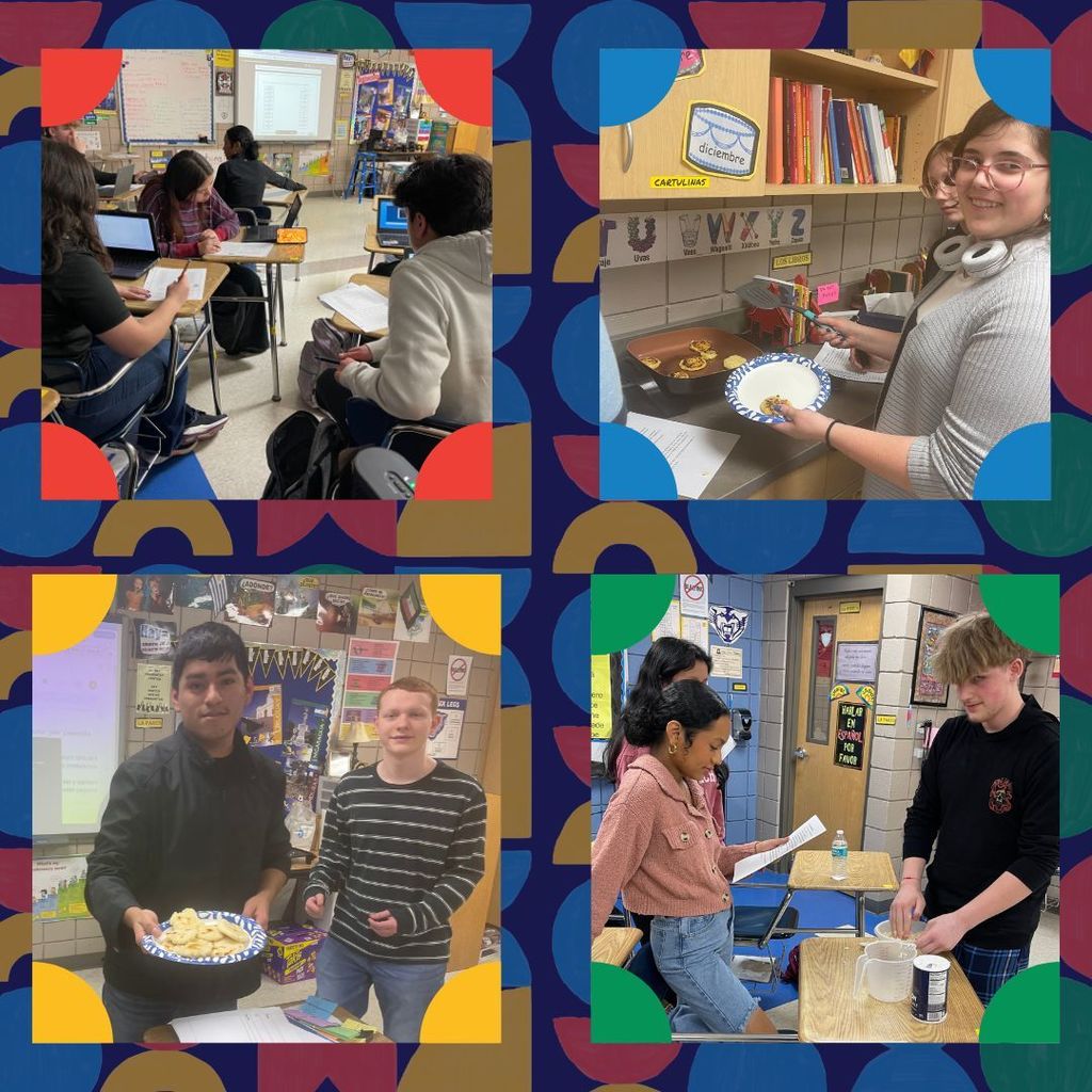 colorful background. Images of students cooking and researching.