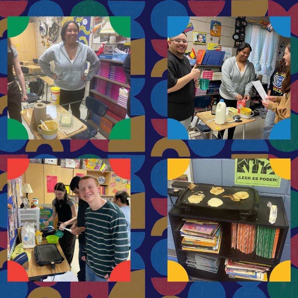 colorful background. Images of students cooking and researching.