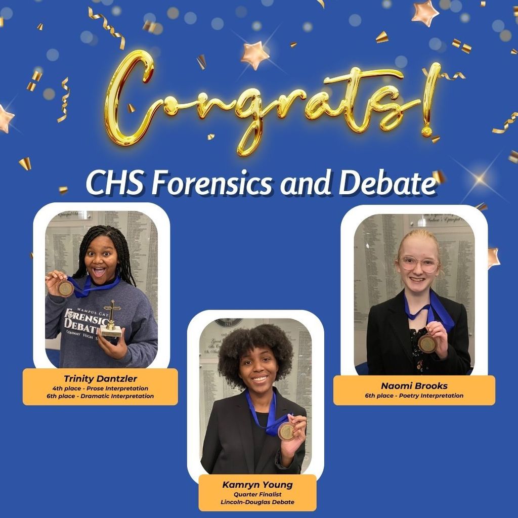blue background, gold confetti. Congrats CHS Forensics and Debate. Individual pictures of award winners.
