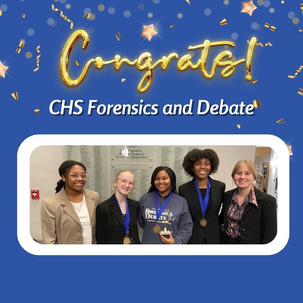 blue background. gold confetti. Congrats CHS Forensics and Debate. Team picture.