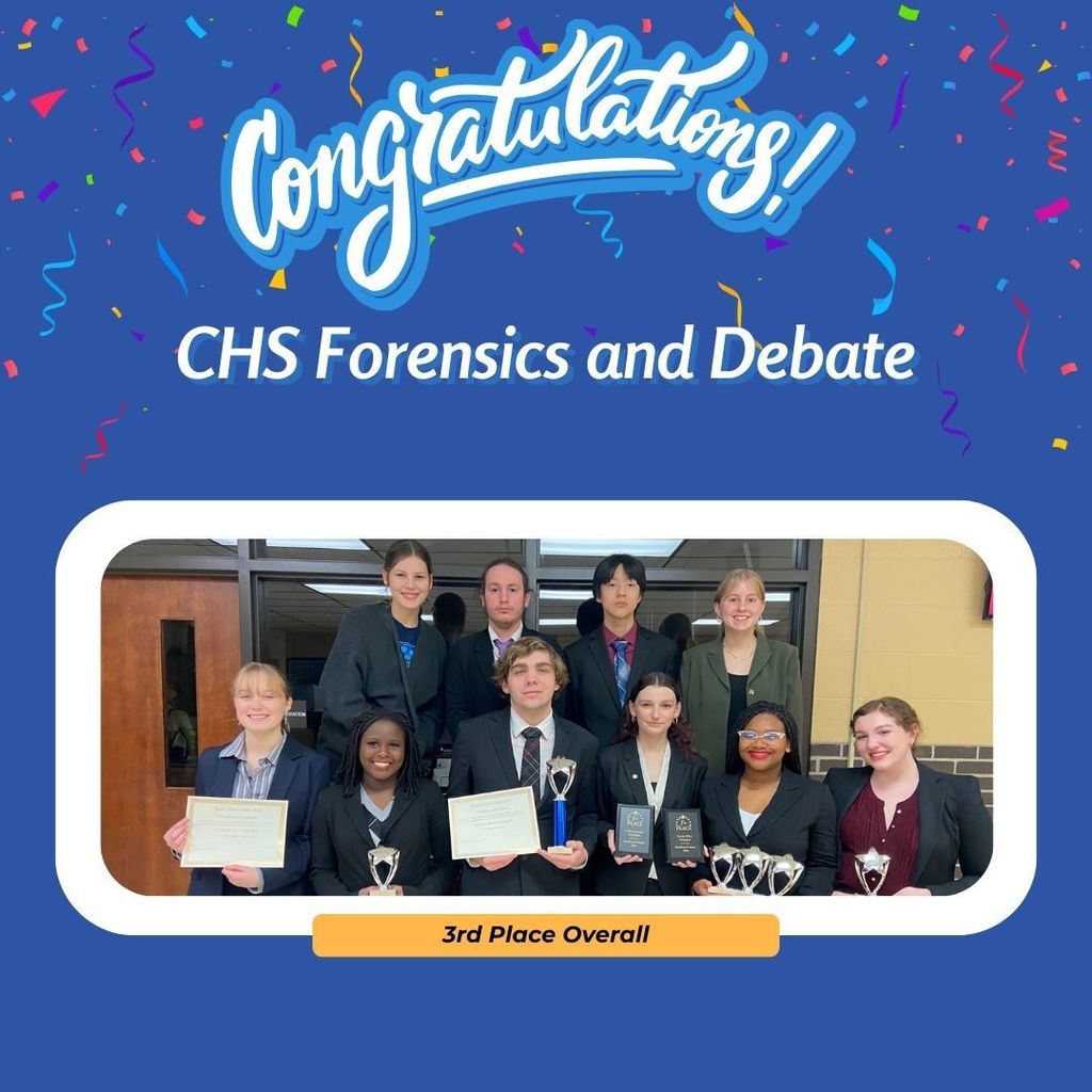 blue background, confetti. Congratulations CHS Forensics and Debate. Team picture.