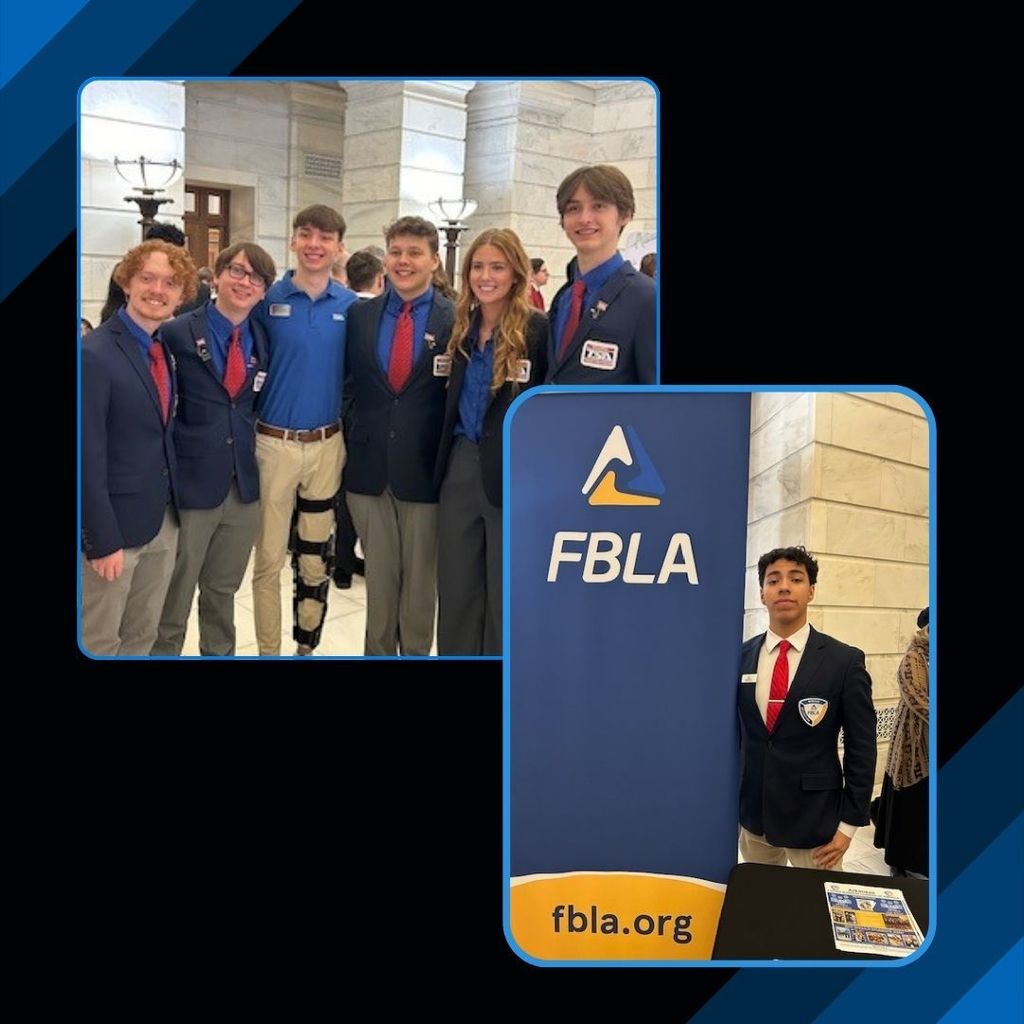 Black background with blue accents in opposing corners. Images of students representing FBLA.