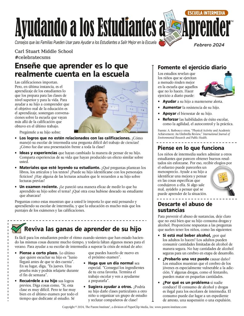 CSMS February Parent Newsletter Spanish Page 1