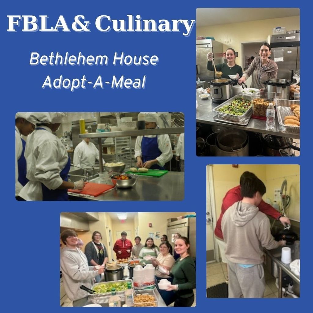 Blue background. FBLA & Culinary; Bethlehem House; Adopt-A-Meal. Images of students working in the kitchen to prepare a meal.