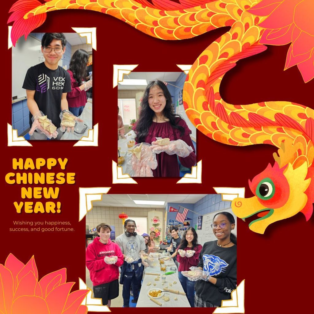 Bright red background, chinese dragon and lotus flowers decorate the edges. Images of students creating dumplings from scratch. Happy Chinese New Year! Wishing you happiness, success and good fortune.
