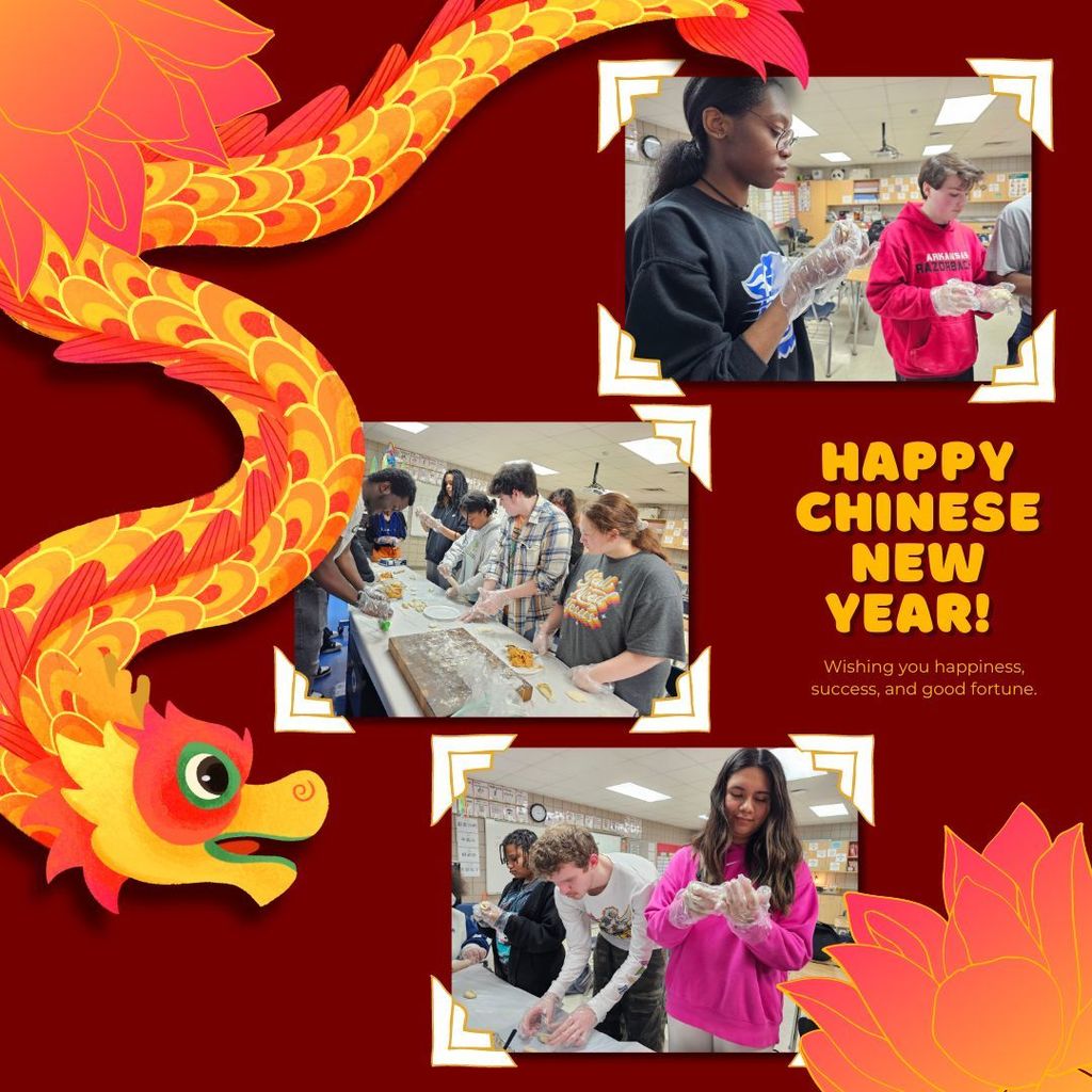 Bright red background, chinese dragon and lotus flowers decorate the edges. Images of students creating dumplings from scratch. Happy Chinese New Year! Wishing you happiness, success and good fortune.