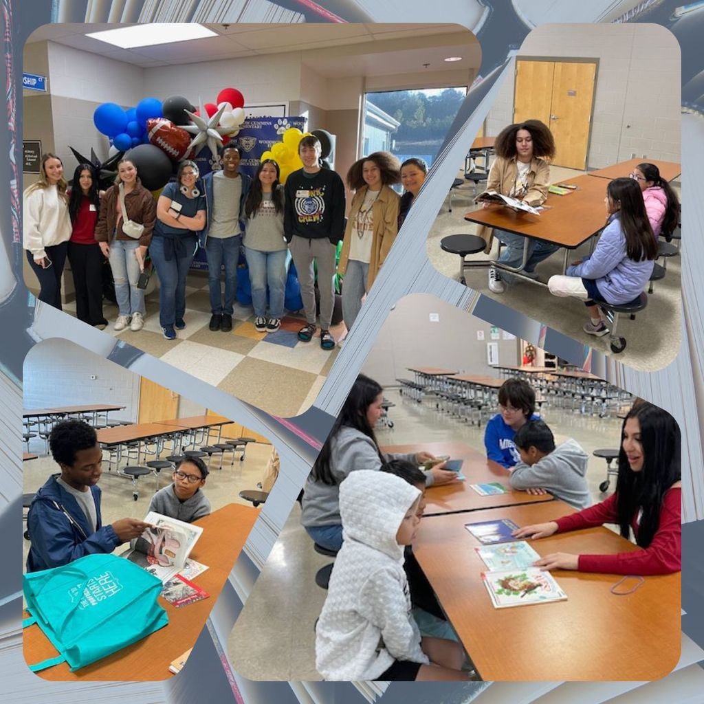 collage of high school students reading to elementary students.