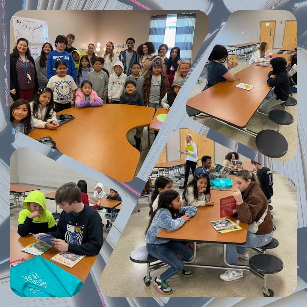 collage of high school students reading to elementary students.