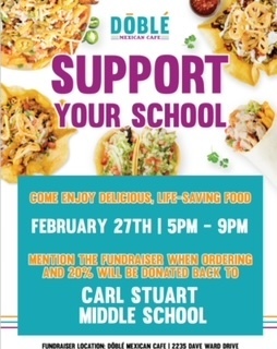 Don't know what to make for dinner tonight?!? Join the CSMS PTO for our spirit night and it's taco Tuesday to boot at Doble Mexican Cafe on Dave Ward from 5-9pm. Tell them you're with CSMS PTO and we receive 20% of all purchases made! Hope to see you there!