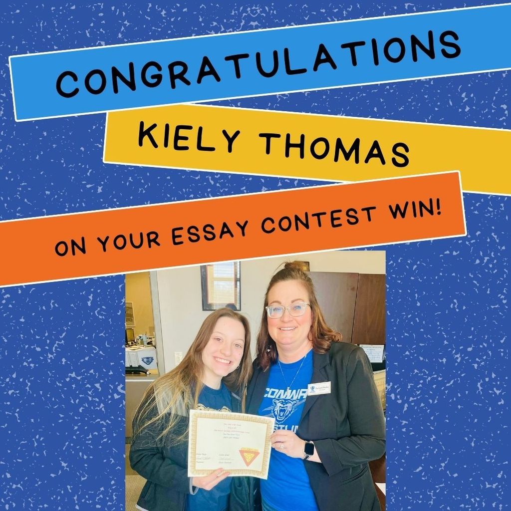 speckled blue and white background. Colorful banners crisscross the top. Congratulations Kiely thomas on your essay contest win. Image of Kiely and Dr. Worley below.