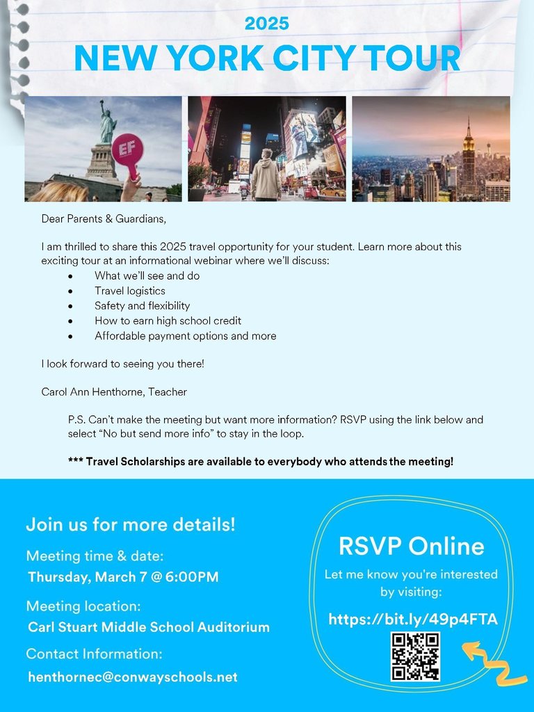 6TH GRADE PARENTS AND STUDENTS: Wouldn't you love to travel to NEW YORK CITY in the summer of 2025? Join us this Thursday, March 7 at 6:00 pm in the media center to learn all about this amazing opportunity! Don't count yourself out for any reason--just join us to get all the details. We would love for you to experience NYC with us!