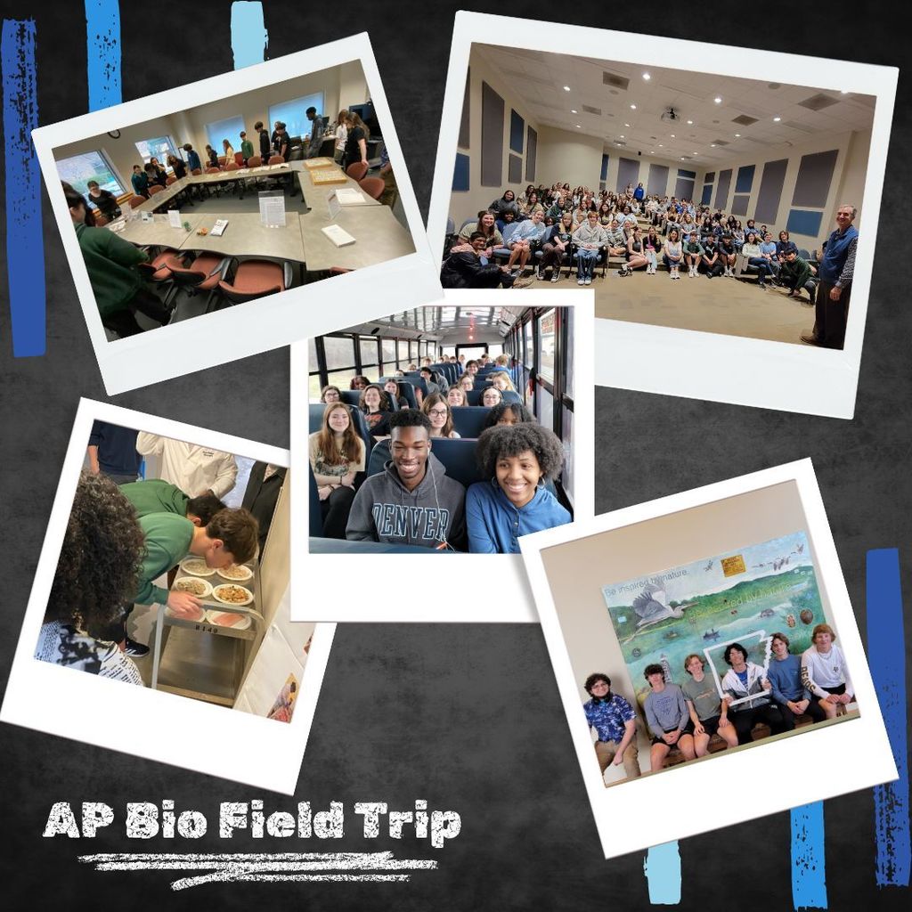 chalkboard background with blue streaks.  Collage of 5 polaroid photos of the group's field trip.  AP Bio Field Trip is printed in the bottom left corner and underlined.