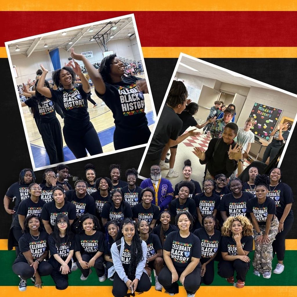 Red and gold stripe at the top.  Green and gold  stripe on the bottom.  Black background.  two photos of the CHS Step team visiting and performing at Courtway Middle School.  At the bottom of a team photo.