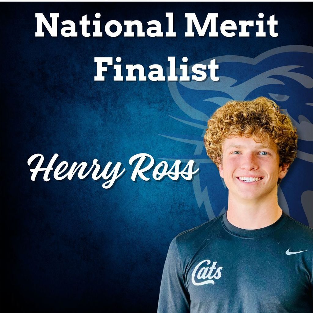 Blue background, faded wampus cat on the right side.  Image of student docked in the bottom right corner.National merit finalist: Henry Ross
